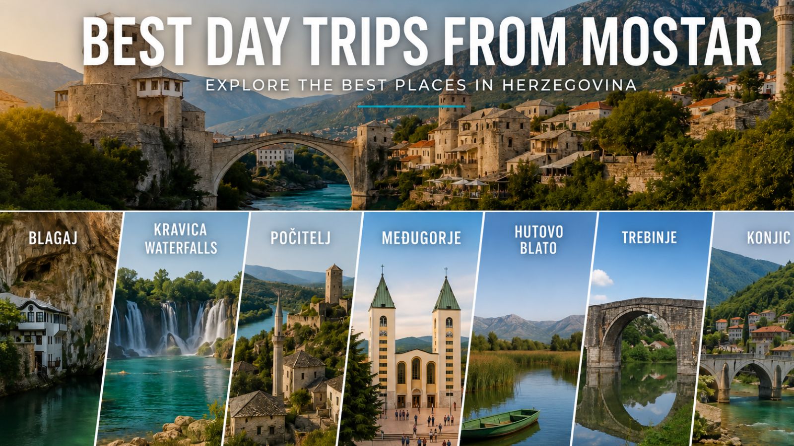 Travel destinations in Herzegovina including Blagaj, Kravica Waterfalls and Počitelj near Mostar