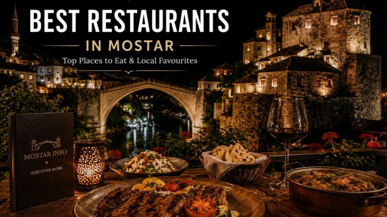 Traditional dinner with a view of the Old Bridge in Mostar at night