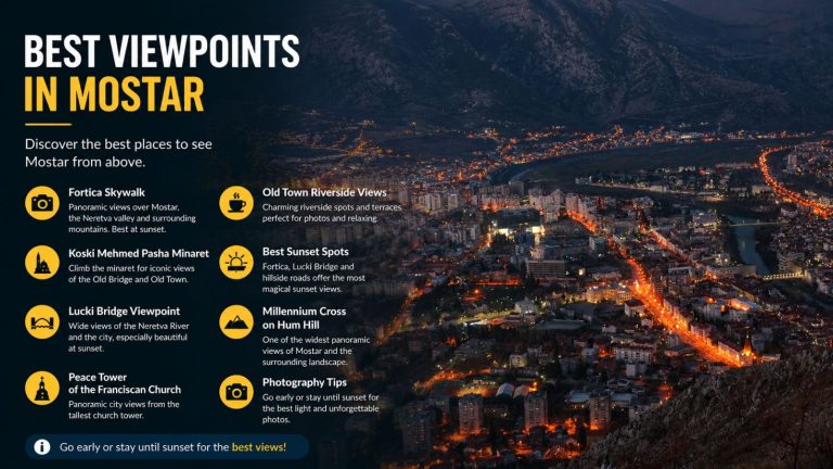 Panoramic night view of Mostar from the hills above the city
