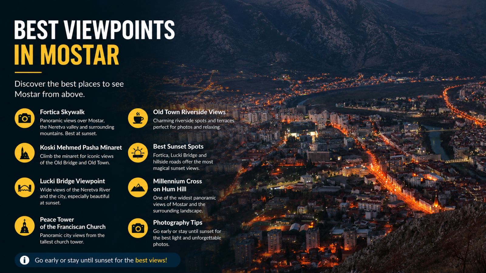Panoramic night view of Mostar from the hills above the city