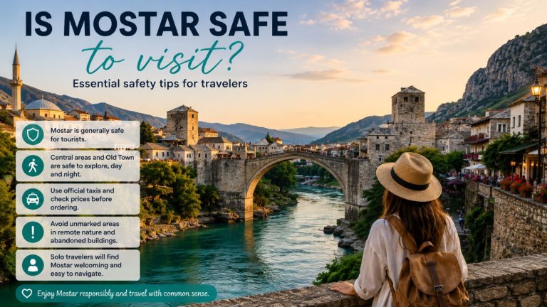 Traveler overlooking the Old Bridge in Mostar during sunset with travel safety tips