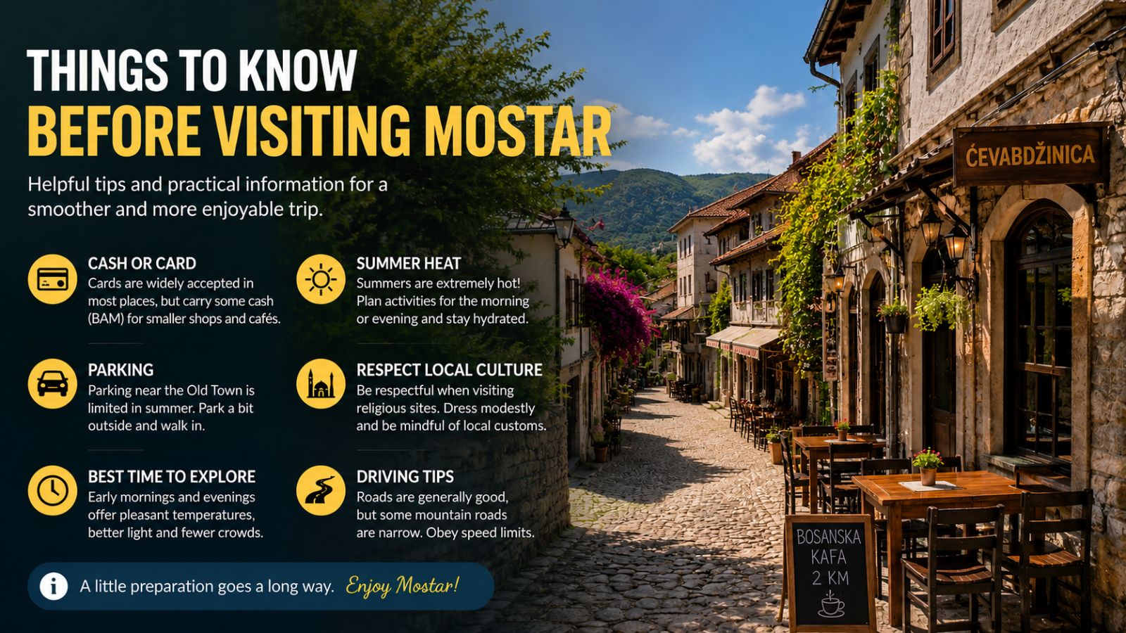 Traditional stone street with cafés in Mostar and practical travel tips for visitors