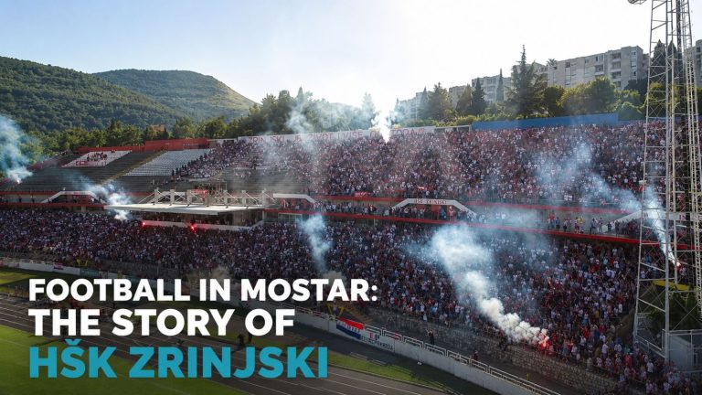 HŠK Zrinjski supporters in a packed Stadion Pod Bijelim Brijegom during a football match in Mostar
