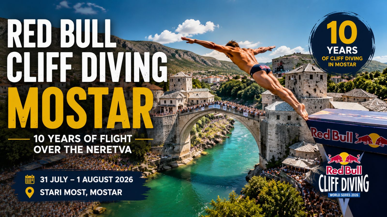 Cliff diver performing a dive from the Old Bridge during Red Bull Cliff Diving in Mostar